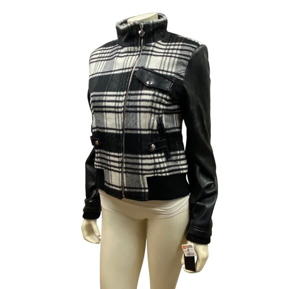 Guess Plaid & Faux Leather Womens Bomber Jacket With‎ Zipper & Pockets - Size M - Picture 8 of 10